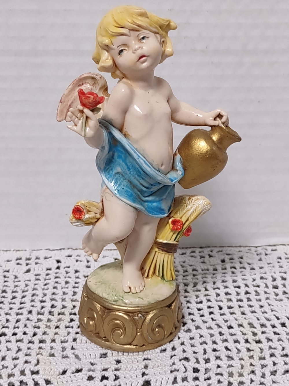Fontanini Cherub Angel Figurine with Blue Drapery and Gold Pitcher 5.5"